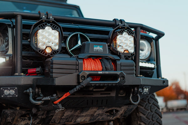 Load image into Gallery viewer, borne off road winch orange synthetic rope mercedes g wagon steel bumper tow pin