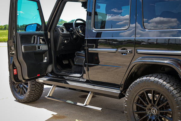 Load image into Gallery viewer, g wagon 463a 465 electronic running board electric side steps drop down rock sliders retractable step off road 4x4 squared