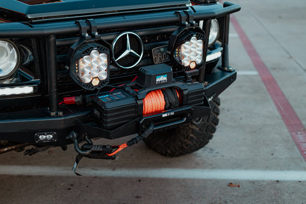 Load image into Gallery viewer, borne off road winch orange synthetic rope mercedes g wagon steel bumper tow pin