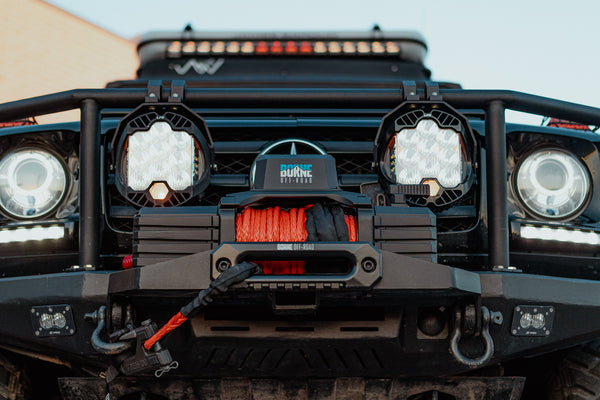 Load image into Gallery viewer, borne off road winch orange synthetic rope mercedes g wagon steel bumper tow pin