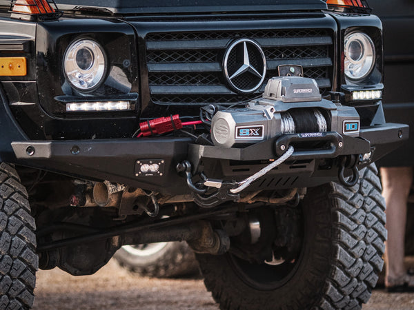 Load image into Gallery viewer, g wagon front steel detachable winch bumper mercedes tow pin baja designs lights superwinch sx10sr g500 g550 g55amg