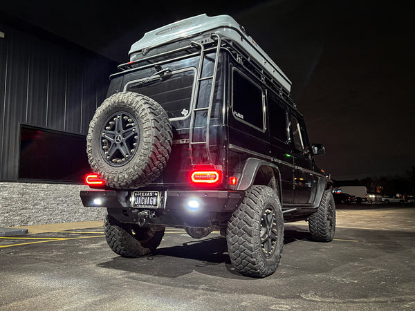 Load image into Gallery viewer, g wagon rear steel bumper reverse lights g500 g550 g55 g63 amg mercedes g-wagen gelandewagen replacement metal upgrade 463 w463