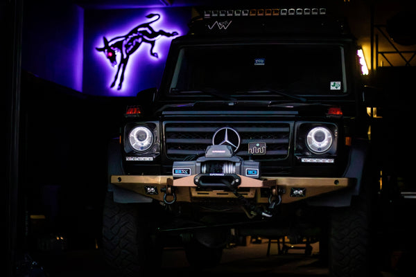 Load image into Gallery viewer, g wagon front steel detachable winch bumper mercedes tow pin baja designs lights superwinch sx10sr g500 g550 g55amg