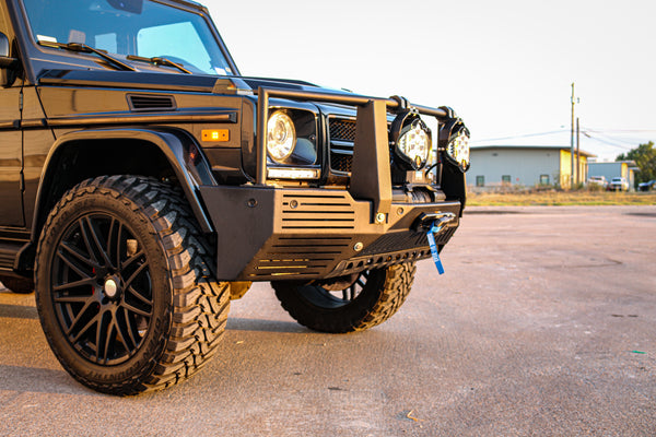 Load image into Gallery viewer, g wagon front steel bumper integrated winch mercedes g550 g63 g65 4x4 squared corner coolers g class gelandewagen