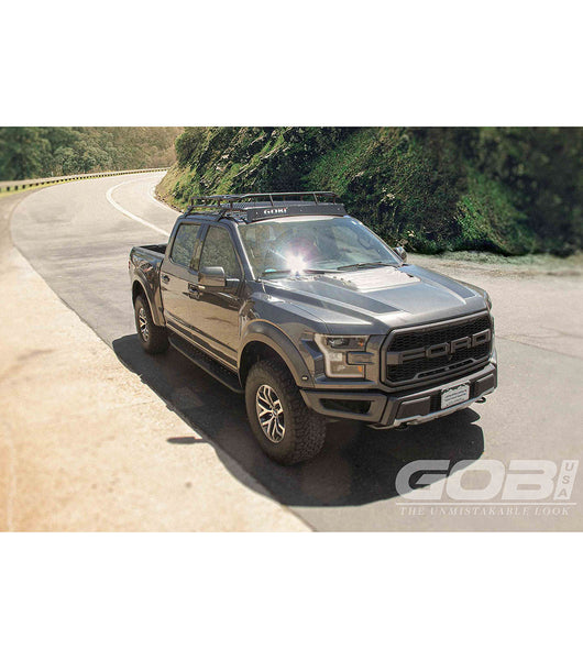Load image into Gallery viewer, ford f150 f250 f350 raptor baja off road offroad roof rack gobiracks gobirack gobi stealth ranger light bar multi light setup wind deflector