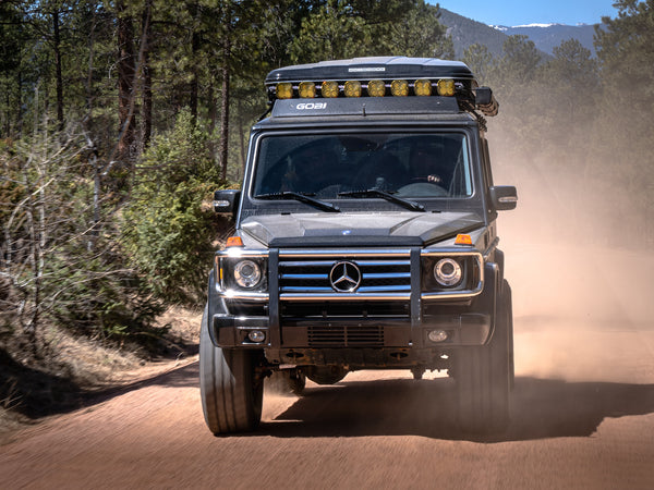 Load image into Gallery viewer, mercedes g wagen 4 inch lift kit 100mm lift kit for Mercedes G Wagon G Wagen Gelandewagen Jack Wagon Overlanding Suspension Mercedes Benz w463 w461 w460 G500 G550 G55 G63 AMG Alpha Equipt Grenade Wheels Light Grey 18 inch wheels 35 inch tires