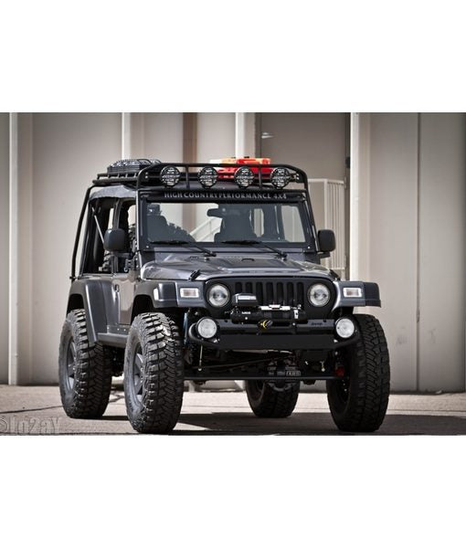 Load image into Gallery viewer, jeep TJ baja off road offroad roof rack gobiracks gobirack gobi stealth ranger light bar multi light setup wind deflector