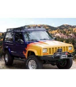 Load image into Gallery viewer, Jeep Cherokee XJ baja off road offroad roof rack gobiracks gobirack gobi stealth ranger light bar multi light setup wind deflector