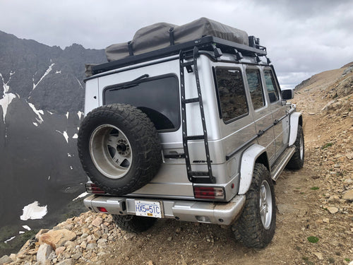g wagon rear ladder for roof rack by ORC in Germany featured here off roading in Canada