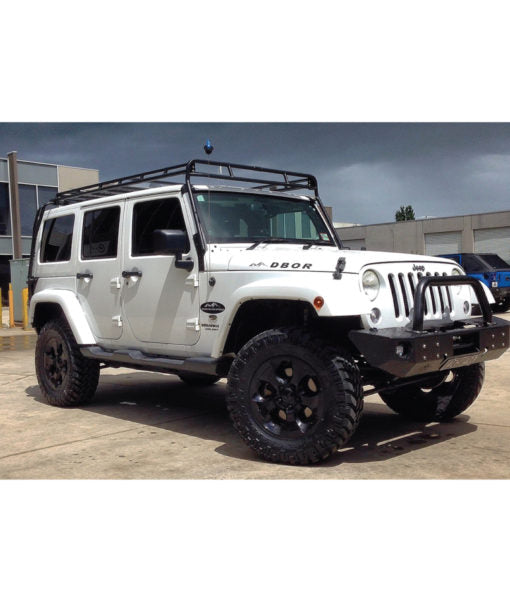 Load image into Gallery viewer, jeep JKU 4 Door baja off road offroad roof rack gobiracks gobirack gobi stealth ranger light bar multi light setup wind deflector