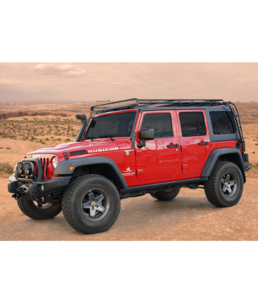 Load image into Gallery viewer, jeep JKU 4 Door baja off road offroad roof rack gobiracks gobirack gobi stealth ranger light bar multi light setup wind deflector