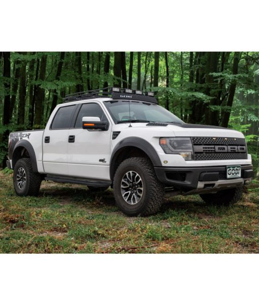 Load image into Gallery viewer, ford f150 f250 f350 raptor baja off road offroad roof rack gobiracks gobirack gobi stealth ranger light bar multi light setup wind deflector