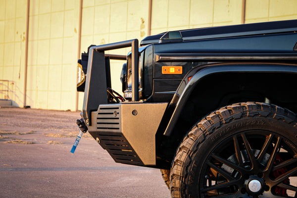 Load image into Gallery viewer, g wagon front steel bumper integrated winch mercedes g550 g63 g65 4x4 squared corner coolers g class gelandewagen
