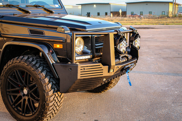 Load image into Gallery viewer, g wagon front steel bumper integrated winch mercedes g550 g63 g65 4x4 squared corner coolers g class gelandewagen
