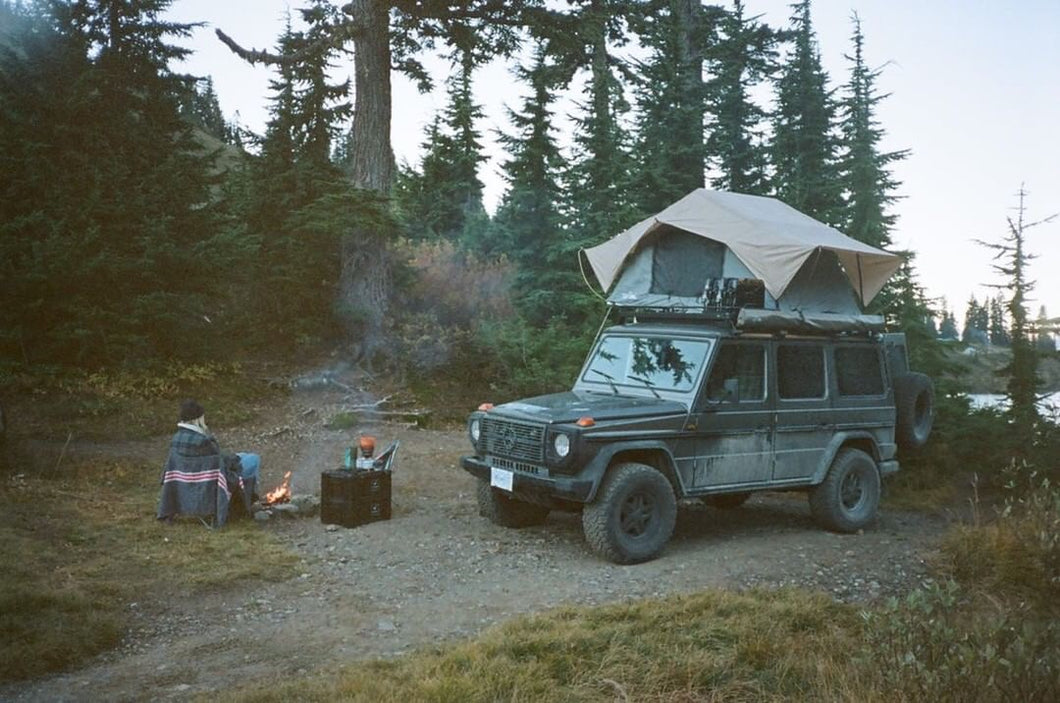 mercedes benz g wagon camping with front runner roof top tent and roof rack